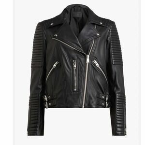 All Saints Estella Biker Moto Lamb Leather Crop Jacket Size 2 Black
